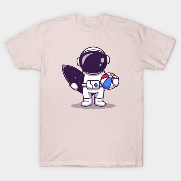 Cute Astronaut Summer With Surfboard And Ball Cartoon T-Shirt by Catalyst Labs